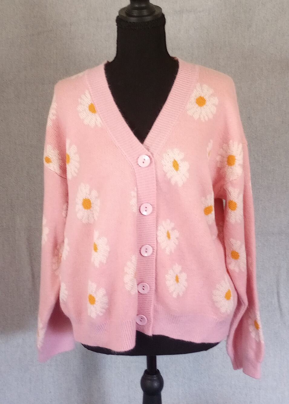 Shein Pink Daisy Knit Cardigan One Size Button Front Soft Floral Sweater